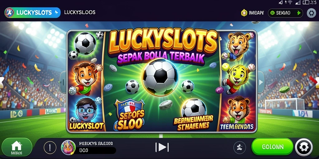 Screenshot utama LUCKYSLOTS menunjukkan aksi seru permainan slot sepak bola.
