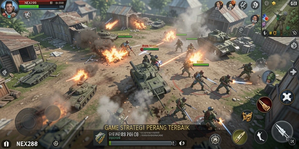 Screenshot dari gameplay NEX288 menunjukkan pertempuran strategi yang intens.