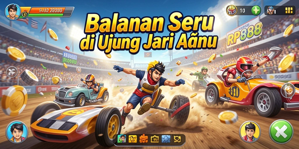 Tampilan seru gameplay RP888 dengan aksi balapan yang mendebarkan.