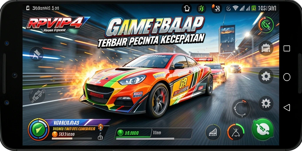 Screenshot gameplay RPVIP4 menampilkan mobil balap di lintasan yang menegangkan.